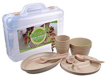 FAINLIST Plastic 4 Person Portable Outdoor Camping Picnic Dining Utensils Set with Separator Plate, Bowls, Forks, Spoons,Cups, Oval Plate, Tableware Dinner Set