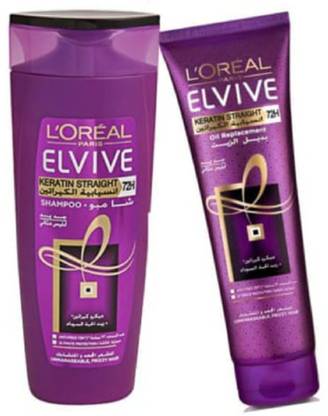 L'Oréal Paris COMBO Paris Elvive Keratin Straight 72 Hr Shampoo (Imported) (400 ml) & Elvive Keratin Straight Oil Replacement - 300ml