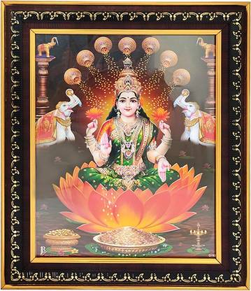 Puja N Pujari Goddess Lakshmi Devi Photo Frame with Nice Background for Pooja Room and Wall Hanging Religious Frame
