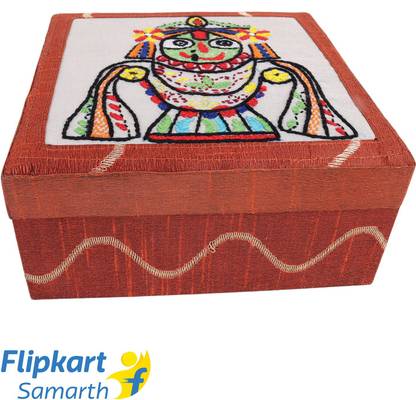 Indha Craft Hand Embroidered Jagannath Motif Rust Colour Multi utility Make Up and Jewellery Vanity Box