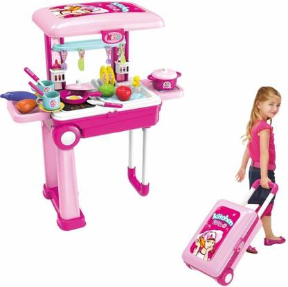 Unique Creation Little Chef 2 in 1 Kitchen Play Set, Pretend Play Luggage Kitchen Kit for Kids with Suitcase Trolley, Multi Color with Lights & Sound
