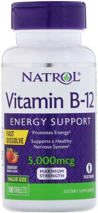 Natrol Vitamin B-12, Fast Dissolve, Maximum Strength, Strawberry, 5,000 mcg, 100 Tablets
