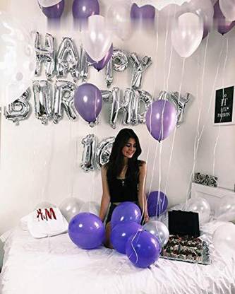 SOI Happy Birthday Letter Toy Foil Balloon Set with 30 HD Metallic Purple Silver White Balloons Kit with Ribbon