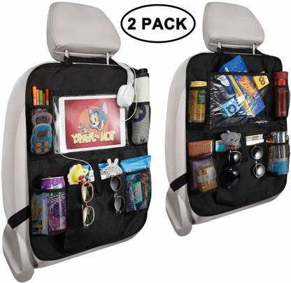 Techtest Multi-Pocket Car Backseat Organizer 2 pcs , Kick Mat Seat Back Protector, Foldable Travel Storage Bag Holder for Book/bottle/cool Beer/tissue Box/toys Travel Accessories Toy Storage Bag with Tablet Holder for Kids, Storage Bottles, Tissue Box, Backseat Cover, Kick Mats, Travel Organizer (Black ) Car Multi Pocket