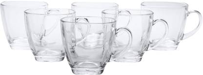 BLACK FOX ENTERPRISE Pack of 6 Glass Transparent Oval Shape Square Crystal Clear Toughened Glass Tea Cup with Convenient Solid Handle Cups, Glass Set for Tea, Coffee, Beer, Hot/Cold Drinks