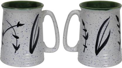 REYAVI Microwave Safe Ceramic Beer/Milk or Coffees White and Green Hand Painted in Black Ceramic Beer Mug