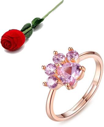 MYKI Adorable Bear Paw Adjustable Rings for Women & Girls (RG) with Rose box packing Stainless Steel Cubic Zirconia Gold Plated Ring