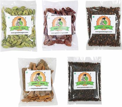 Grandma Agro Black Pepper, Black Cardamom, Green Cardamom, Cloves and Cinnamon Sticks, 250 Grams (50g Each) (Combo of 5) (Kali Mirchi + Badi Elaichi + Hari Elaichi + Laung + Dalchini or Kalmi)