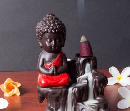 Anjora Meditating Monk Buddha Smoke Backflow Cone Incense Decorative Showpiece with 10 Smoke Backflow Cone Polyresin Incense Holder