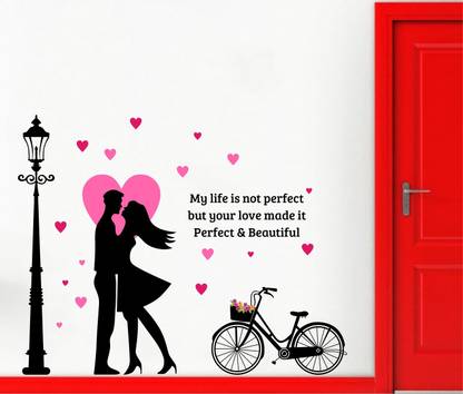 Decal O Decal 100 cm Love Couple with Street Lamp and Cycle Wall Stickers (PVC Vinyl,Multicolour) Self Adhesive Sticker