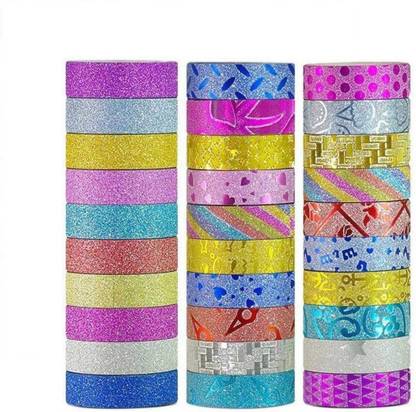 GS Enterprises Colourful Decorative Adhesive Glitter Tape Rolls, Length 3m Each, Set of 30 Single sided Handheld Cello Tapes (Manual)