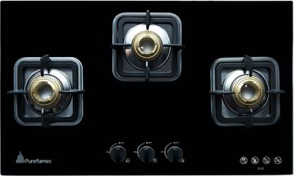 Pureflames 3 Brass Burner Hob with Tempered glass (Bakelite Knob,717). This Pureflames Super slim Tab hob has three aluminum matt finish burners. This 70cm Tempered glass with aluminum frame is designed to be spill-proof and easy to clean, also providing a smooth and elegant look. Pureflames offers a rust resistance surface while delivering long-lasting performance. This Hob also has Round cast iron pan support and One-touch advanced auto-ignition Bakelite knob. Don't have to cut kitchen slab granite since it is a very slim model. Brass Automatic Hob