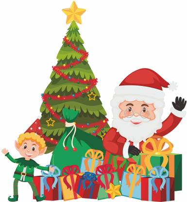 Divine studio 71 cm Santa with Christmas Gifs Wall Sticker 71cm X 65cm | Wall Sticker for Living Room -Bedroom - Office - Home Hall Decorative Stickers Self Adhesive Sticker