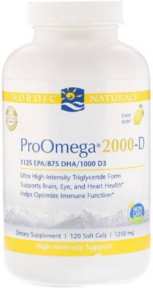 Nordic Naturals ProOmega 2000-D, Lemon Flavor, 1,250 mg, 120 Soft Gels