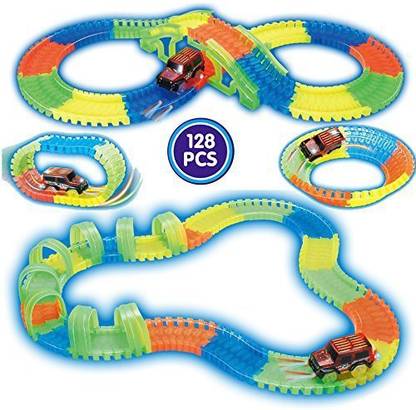 Unique Creation 128 PCS Magical Track,Magic Track Rail. DIY Glowing Rail Racing Track Electric LED Light Car Set Kit Children's Toy Vehicles
