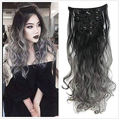 Dybst Natural Black To Dark Grey 2-Tone Ombre Color Wavy Clip In  Extensions 7Piec Hair Extension