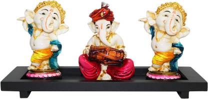 The Emerald Hut Set Of 3 Colourful Ganesha Idol Featuring Decorative Showpiece  -  16 cm