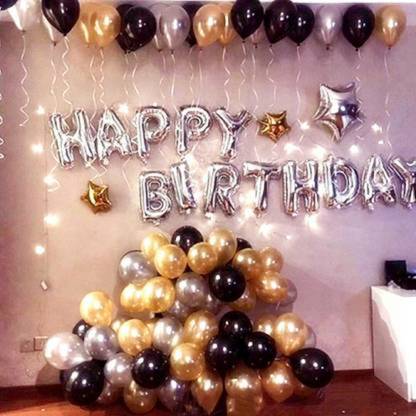 Party Hub Solid Solid Happy Birthday Letter Foil Balloon Set of 43 Balloon (Silver, Black, Silver, Gold, Pack of 43) Balloon