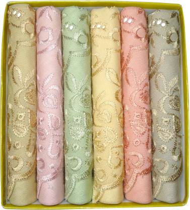 Stylewell Bally Girl Set of 6 Pcs Premium Quality Women's/ Girl's Pure Cotton English Colors With Beautiful Chikan Design Hankies/ Hanky/ ["Multicolor"] Handkerchief
