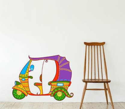 Sticker Hub 71.12 cm Rajasthani Auto rickshaw on famous monument backdrop in Indian art style Wall Stickers Self Adhesive Sticker