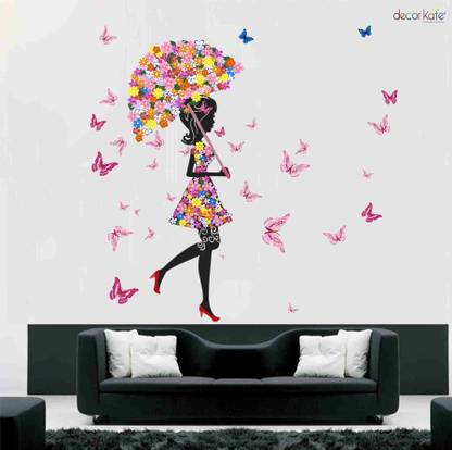 Stickers Mart 99 cm Butterfly Girl with Umbrella Removable Wall Art Mural Sticker Removable Sticker
