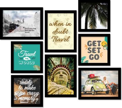 Travel Theme Framed Posters with Glass Frame | Home Decor Wall Art | Framed Modern Art for Travel Lover| Set of 8 Paper Print Paper Print