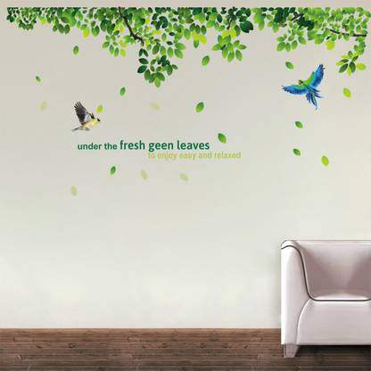 SUDARSHAN STICKER 84 cm Fresh green leaves wall decals two birds vinyl wall decals butterfly decal wall decals Wall Stickers Self Adhesive Sticker