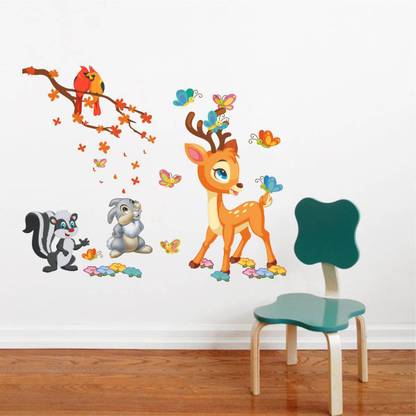 Decal O Decal 75 cm ' Little Deer Playing with Butterfly,Rabbit and Squirrel ' Kids Nursery Wall Stickers Self Adhesive Sticker