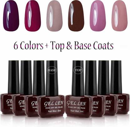 Gellen UV Gel Nail Polish Kit 6 Colors Base & Top Coats 8ml Each Manicure Salon Set 8 Multicolor