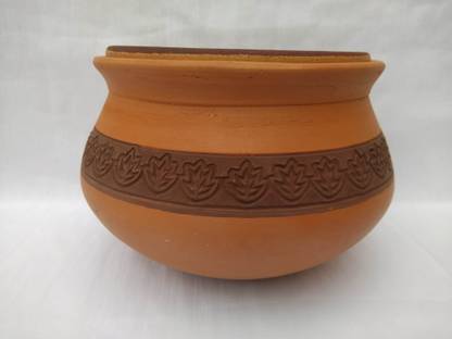 Viktaay Crafts India Handcrafted Flat Bottom Clay Handi with Lid | Clay Dahi Handi Handi 1.25 L with Lid