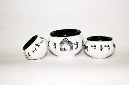 Horizon Ventures Warli terracotta Hand-painted Mini decorative pot (set of 3, White) Terracotta Vase