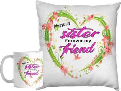feeling hub Polyester Fibre Cushion Pack of 2 Quotes Quotes Cushion and Mug Combogift set always my sister forever my friend