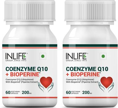 INLIFE Coenzyme Q10 CoQ10 200mg with Bioperine 8mg Supplement - 60 Veg Caps(2 Pack)