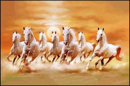 Beautiful Seven white Horses Galloping at Orange Sunset Sky Poster | Vastu Poster | HD Wall Poster for Room decor Paper Print