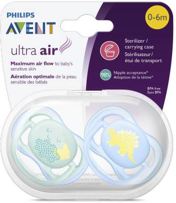 Philips Avent Ultra Air Pacifier for Boy, 0-6 Months, Blue/Green Fashion decos, 2 Pack Soother