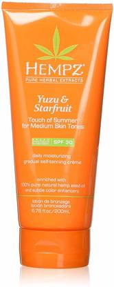 Hempz Sunscreen - SPF 50 PA+++ Yuzu & Starfruit Touch of Summer Moisturizing Gradual Self-Tanning Creme with SPF 30 for Medium Skin Tones, 6.76 Ounce [CAT_4292]