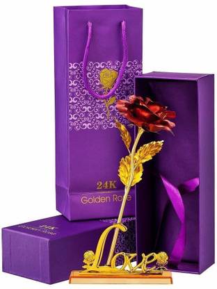 गिफ्टसिटी Artificial Red rose with love stand without blue box लाल, सुनहरा गुलाब का फूल नक़ली फूल पॉट के साथ