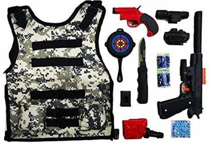 CocoRio PUBG Theme Pretend Play Gun Set, Army Toy Play Set with Bullet Proof Level 3 Vest Jacket, Gun, Target Board, Toy Gun, Crystal Bullets for Kids Armor Sets