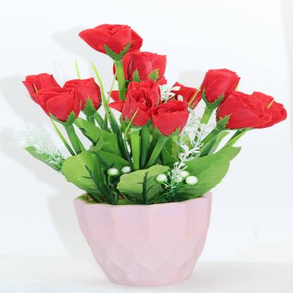 artificial hub Red small roses with pot Red Rose Artificial Flower  with Pot