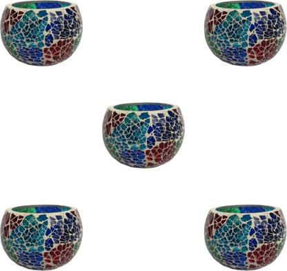 RajasthanKraft Handcrafted Handmade Crackle Glass Tea Light Holder Brass Candle Holder Set