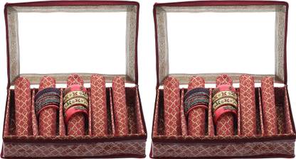 KUBER INDUSTRIES Brocade Hardboard 2 Pieces Five Rod Bangle Box (Maroon) - CTKTC22950 Make Up Vanity Box