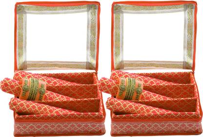 KUBER INDUSTRIES Brocade Hardboard 2 Pieces Three Rod Bangle Box (Orange) - CTKTC22966 Make Up Vanity Box