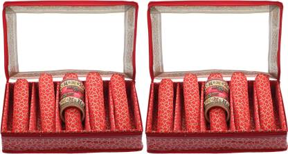 KUBER INDUSTRIES Brocade Hardboard 2 Pieces Five Rod Bangle Box (Red) - CTKTC22898 Make Up Vanity Box