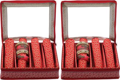 KUBER INDUSTRIES Brocade Hardboard 2 Pieces Four Rod Bangle Box (Red) - CTKTC22894 Make Up Vanity Box