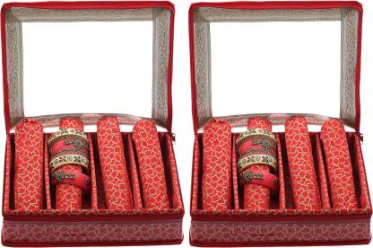 KUBER INDUSTRIES Brocade Hardboard 2 Pieces Four Rod Bangle Box (Red) - CTKTC22894 Make Up Vanity Box