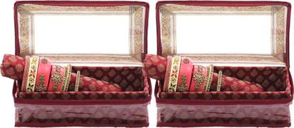 KUBER INDUSTRIES Brocade Hardboard 2 Pieces One Rod Bangle Box (Maroon) - CTKTC22934 Make Up Vanity Box