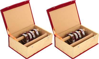 KUBER INDUSTRIES Floral Design Wooden 2 Piece Two Rod Velvet Bangle Storage Box, Maroon & Gold - CTKTC22706 Make Up Vanity Box