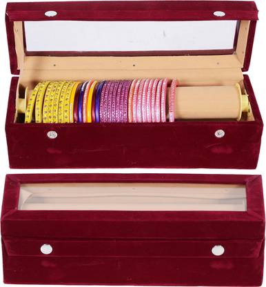 KUBER INDUSTRIES Wooden 2 Piece One Rod Transparent Velvet Bangle Storage Box, Maroon - CTKTC22791 Make Up Vanity Box