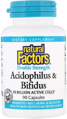 Natural Factors Acidophilus & Bifidus, Double Strength, 10 Billion Active Cells, 90 Capsules