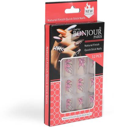 Coat Me Bonjour Paris False Nails - Quick Stick Artificial Nail Set with Glue, 12 pc Set(Lotus) Multi